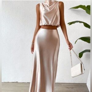 Brand new 2 Piece Set Satin Satin Champagne color Top Long Skirt Sets *see video